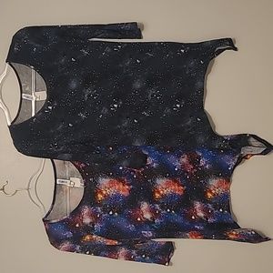 STUDIO LOT OF 2 GALAXY SPACE INSPIRED PRINT TUNIC TOPS, M, NWT